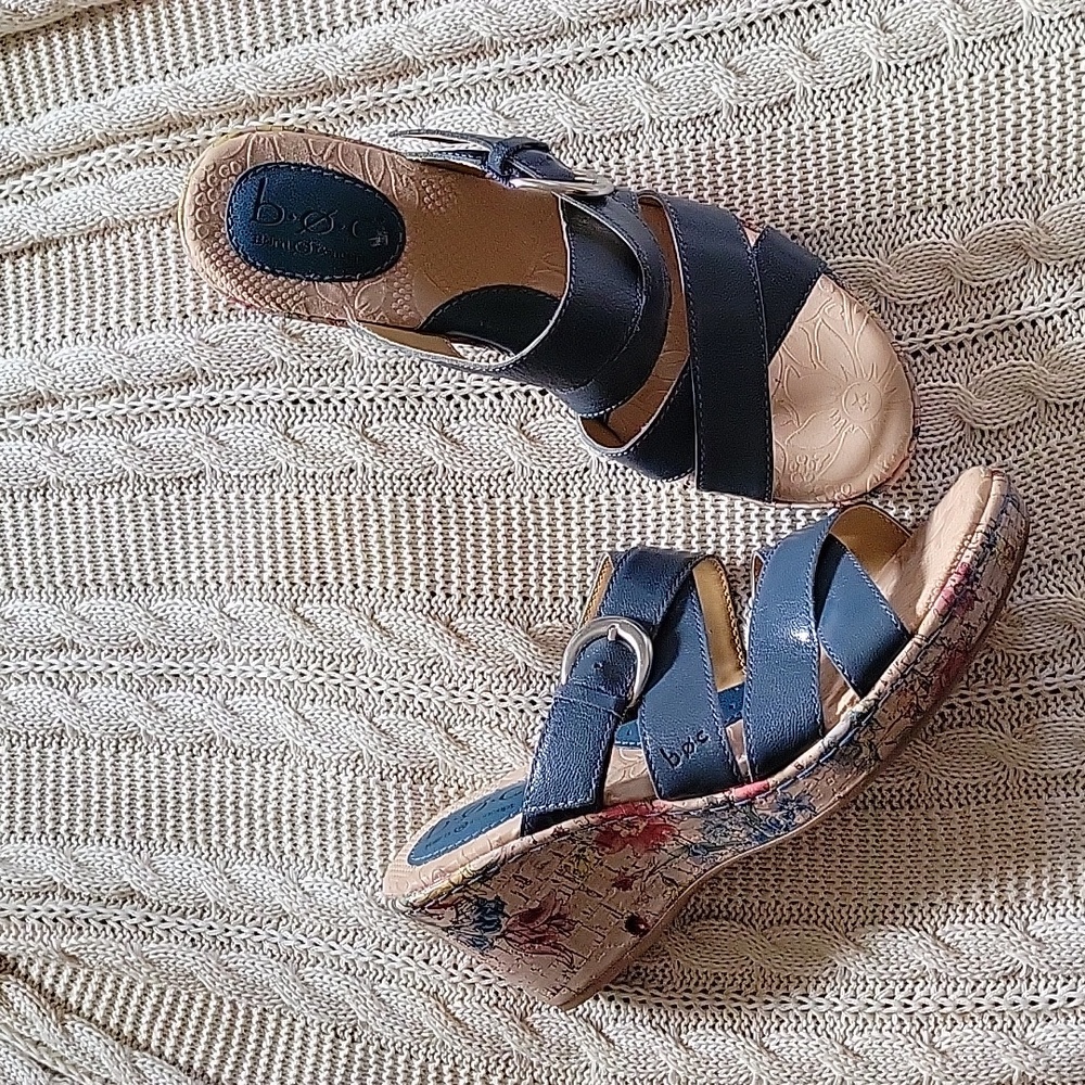 Boc Born concept blue wedge sandal with floral cork wedge design